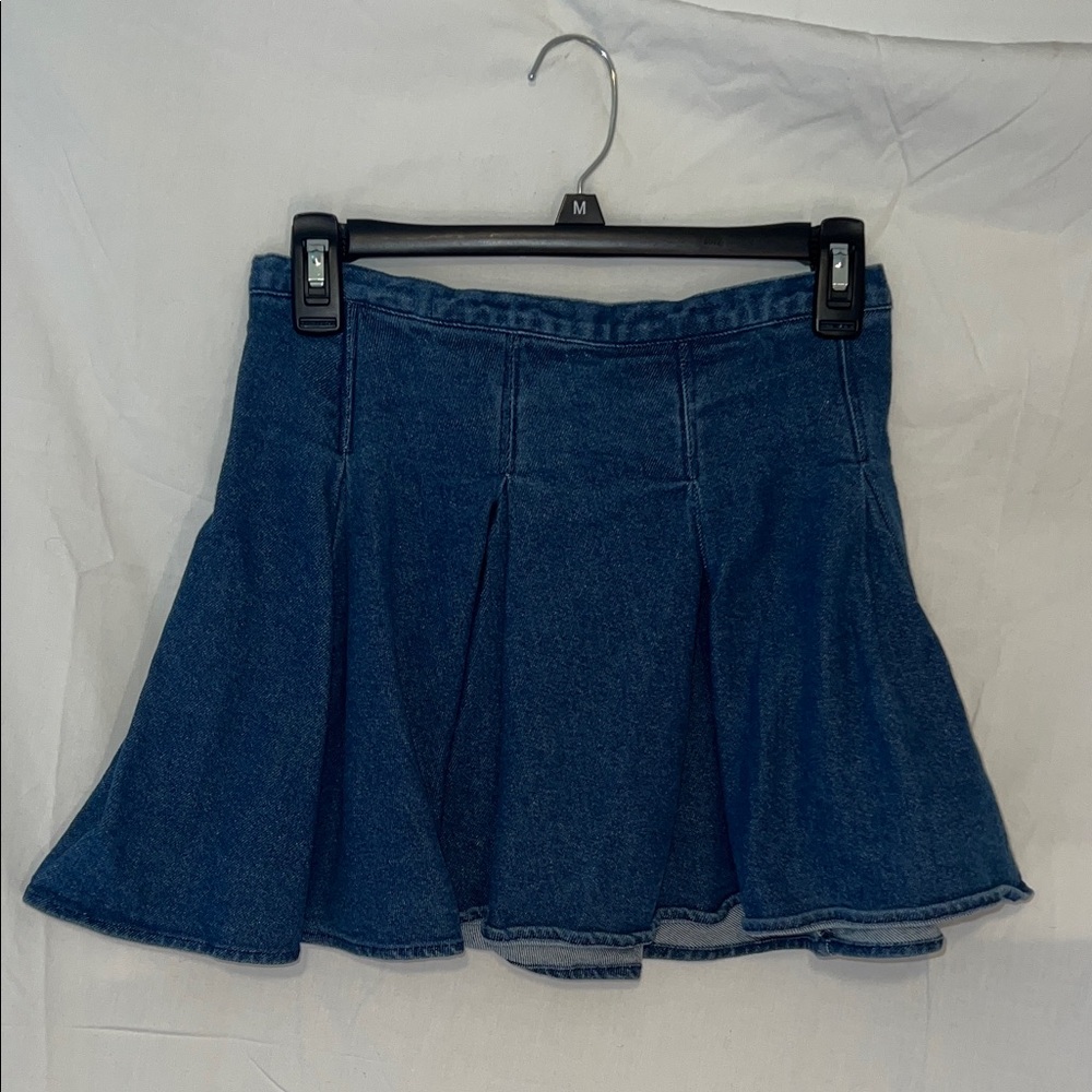 Denim Pleated Flared Mini Skirt - Medium Blue Size 3 Cotton